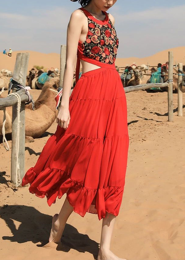 Beautiful Red Embroidered Lace Up Chiffon Long Dress Sleeveless