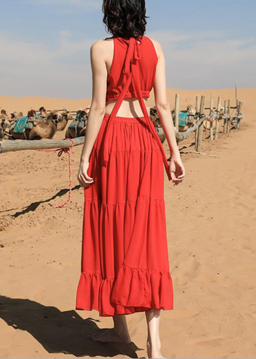 Beautiful Red Embroidered Lace Up Chiffon Long Dress Sleeveless