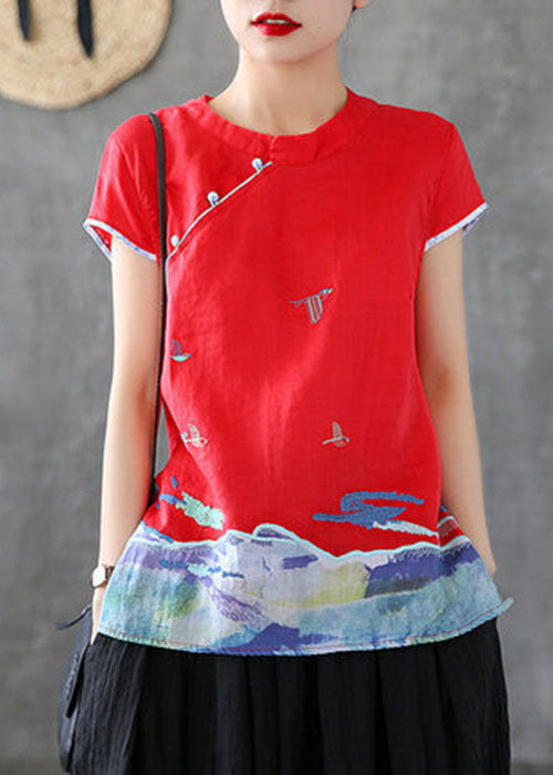 Beautiful Red Embroidered Chinese Button Cotton Tank Short Sleeve