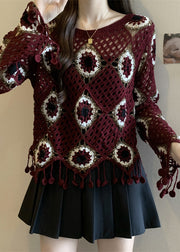 Beautiful Red Patchwork Knit Top Flare Sleeve