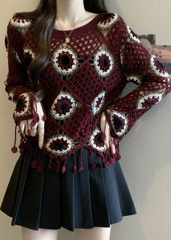 Beautiful Red Patchwork Knit Top Flare Sleeve