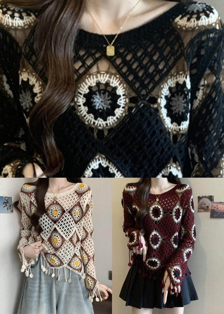 Beautiful Red Patchwork Knit Top Flare Sleeve