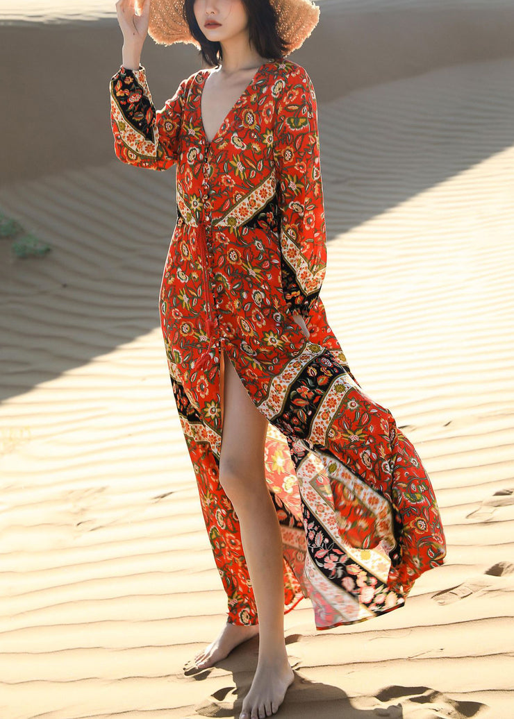Beautiful Red Print Lace Up Pockets Long Dress Fall