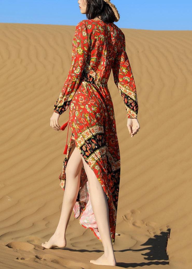 Beautiful Red Print Lace Up Pockets Long Dress Fall