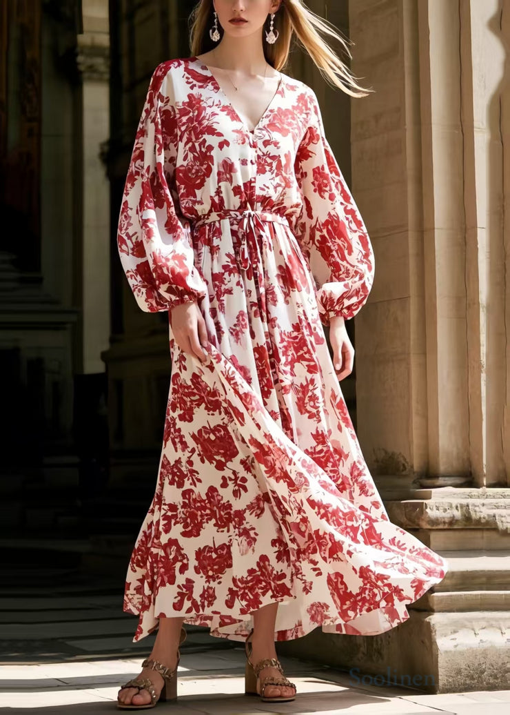 Beautiful Red Print Tie Waist Chiffon Robe Dresses Spring