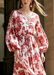 Beautiful Red Print Tie Waist Chiffon Robe Dresses Spring