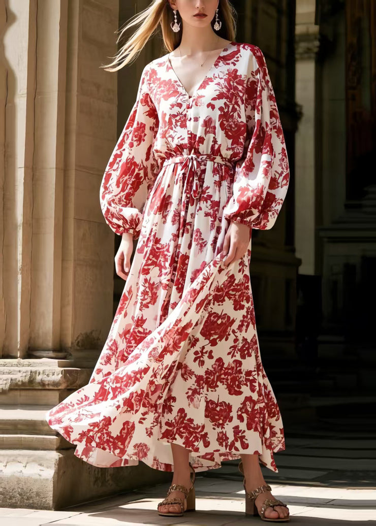 Beautiful Red Print Tie Waist Chiffon Robe Dresses Spring