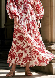 Beautiful Red Print Tie Waist Chiffon Robe Dresses Spring