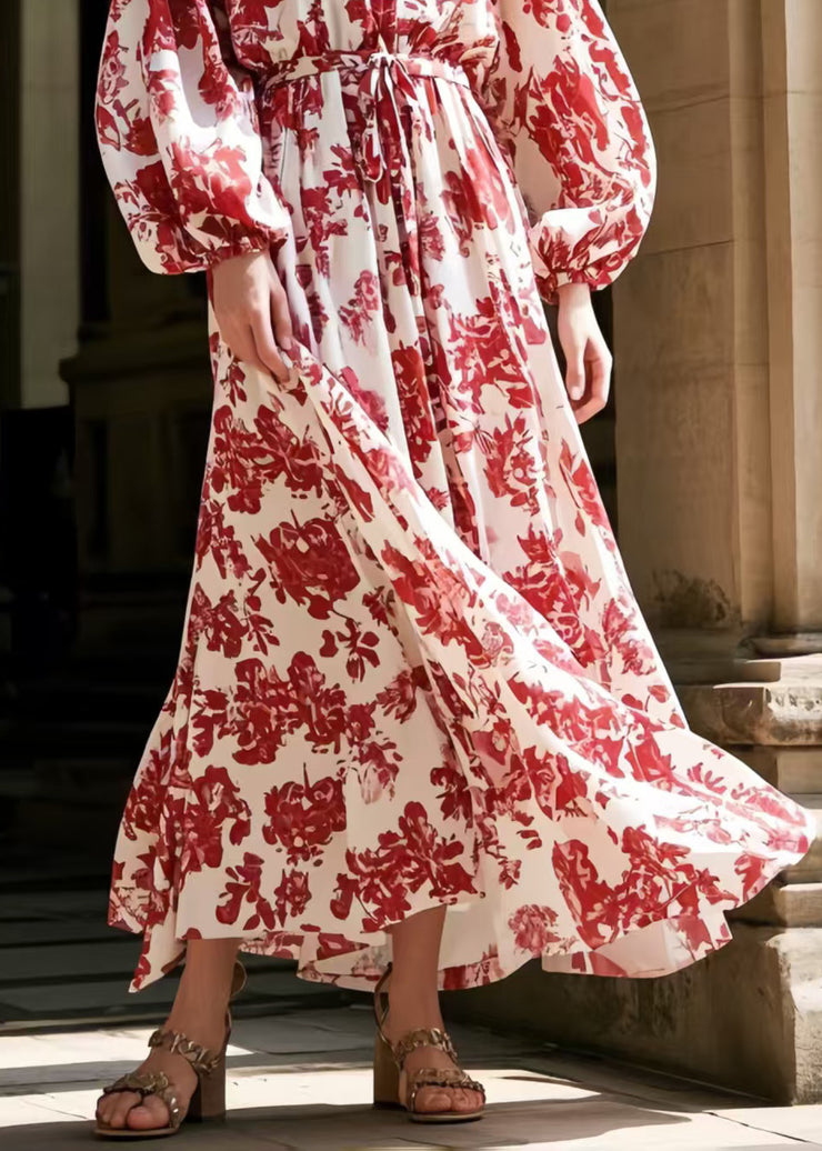 Beautiful Red Print Tie Waist Chiffon Robe Dresses Spring