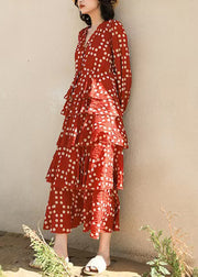 Beautiful Red Ruffled Dot Chiffon Long Dresses Spring