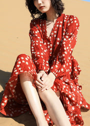 Beautiful Red Ruffled Dot Chiffon Long Dresses Spring