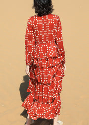 Beautiful Red Ruffled Dot Chiffon Long Dresses Spring