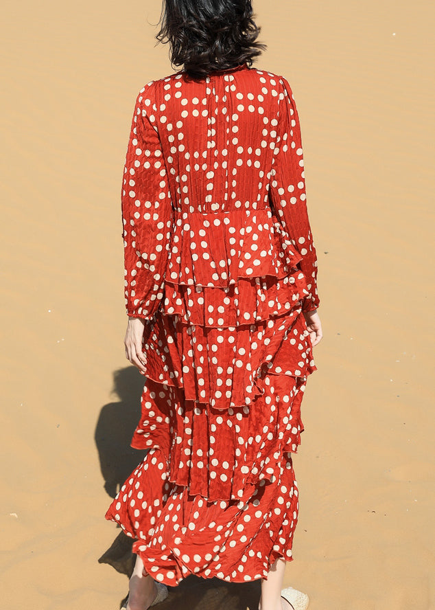 Beautiful Red Ruffled Dot Chiffon Long Dresses Spring