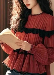 Beautiful Red Ruffled Patchwork Chiffon Shirts Fall