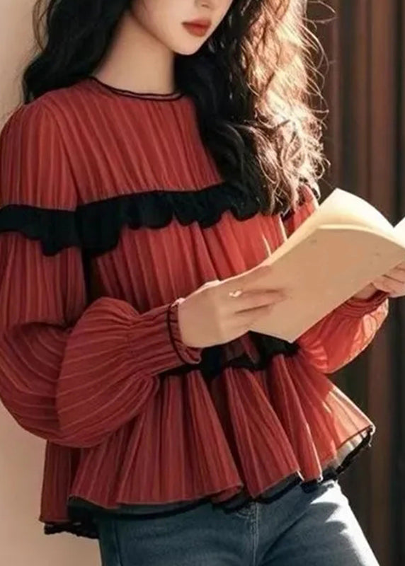 Beautiful Red Ruffled Patchwork Chiffon Shirts Fall