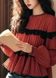 Beautiful Red Ruffled Patchwork Chiffon Shirts Fall