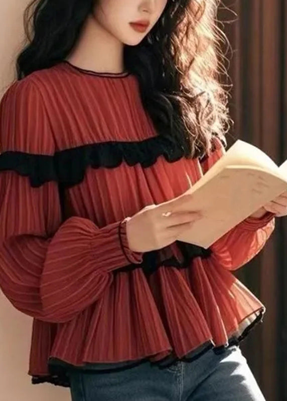 Beautiful Red Ruffled Patchwork Chiffon Shirts Fall