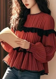 Beautiful Red Ruffled Patchwork Chiffon Shirts Fall