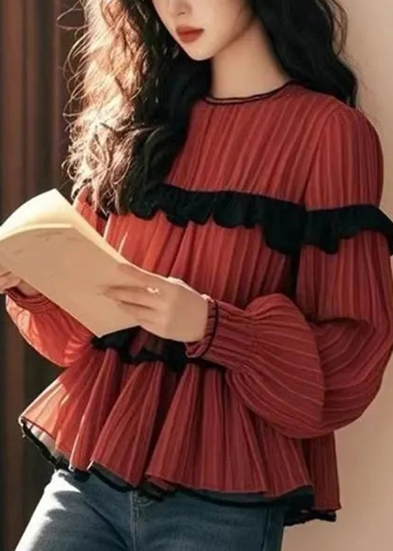 Beautiful Red Ruffled Patchwork Chiffon Shirts Fall