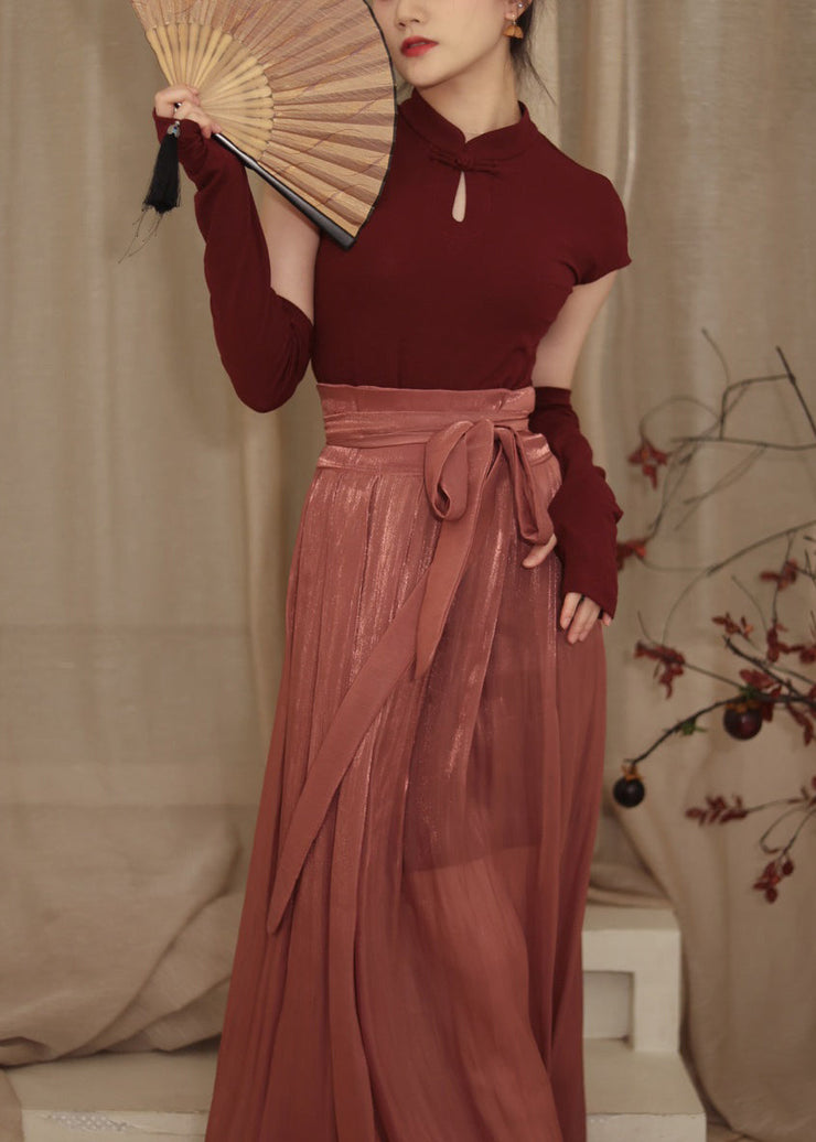 Beautiful Red Stand Collar Button Top And Maxi Skirts Two Piece Set Spring