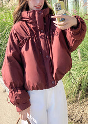 Beautiful Red Stand Collar Drawstring Duck Down Puffer Jacket Winter