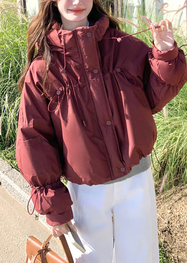 Beautiful Red Stand Collar Drawstring Duck Down Puffer Jacket Winter