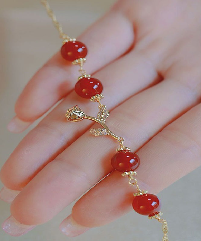 Beautiful Red Sterling Silver Overgild Zircon Agate Charm Bracelet