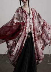 Beautiful Red V Neck Asymmetrical Design Silk Cardigan Batwing Sleeve