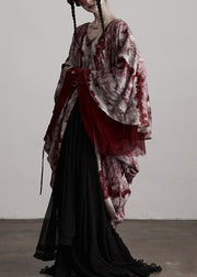 Beautiful Red V Neck Asymmetrical Design Silk Cardigan Batwing Sleeve