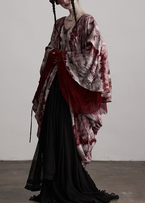 Beautiful Red V Neck Asymmetrical Design Silk Cardigan Batwing Sleeve