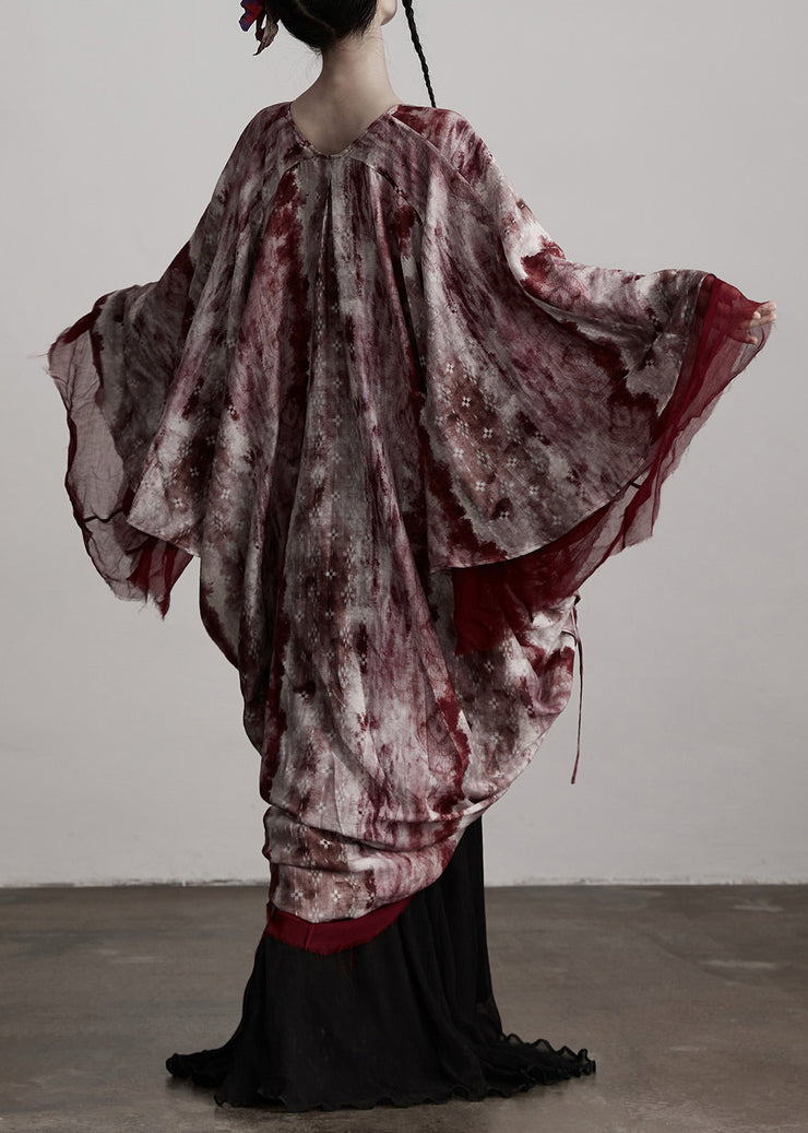 Beautiful Red V Neck Asymmetrical Design Silk Cardigan Batwing Sleeve