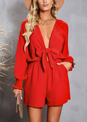 Beautiful Red V Neck Patchwork Solid Jumpsuit Fall