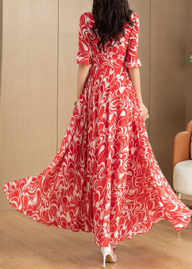 Beautiful Red V Neck Print Chiffon Long Dress Summer