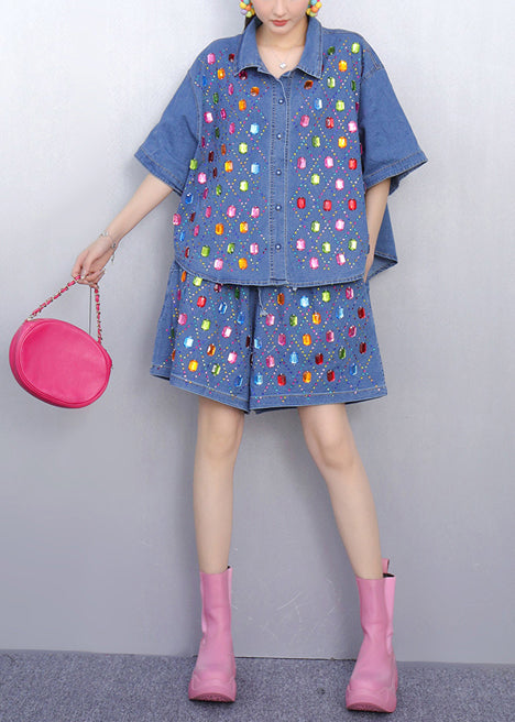 Beautiful Rhinestone Denim Blue Shirts And Shorts Two Pieces Set Summer