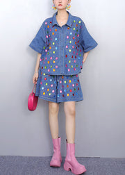 Beautiful Rhinestone Denim Blue Shirts And Shorts Two Pieces Set Summer