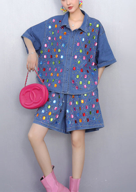 Beautiful Rhinestone Denim Blue Shirts And Shorts Two Pieces Set Summer