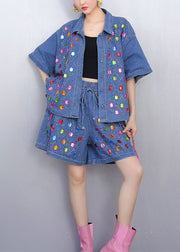 Beautiful Rhinestone Denim Blue Shirts And Shorts Two Pieces Set Summer