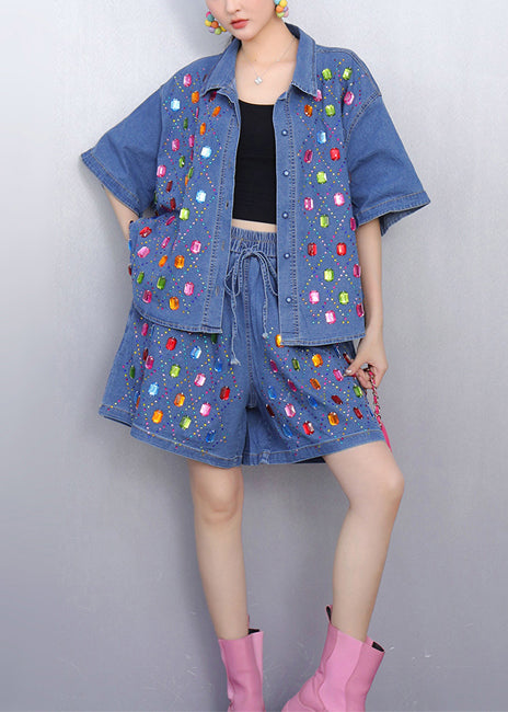 Beautiful Rhinestone Denim Blue Shirts And Shorts Two Pieces Set Summer