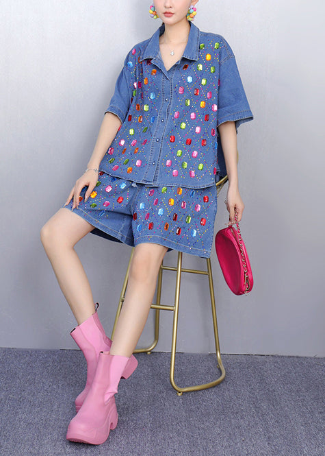 Beautiful Rhinestone Denim Blue Shirts And Shorts Two Pieces Set Summer