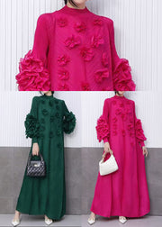Beautiful Rose Floral Decorated Pleated Texture Maxi Dress Petal Sleeve