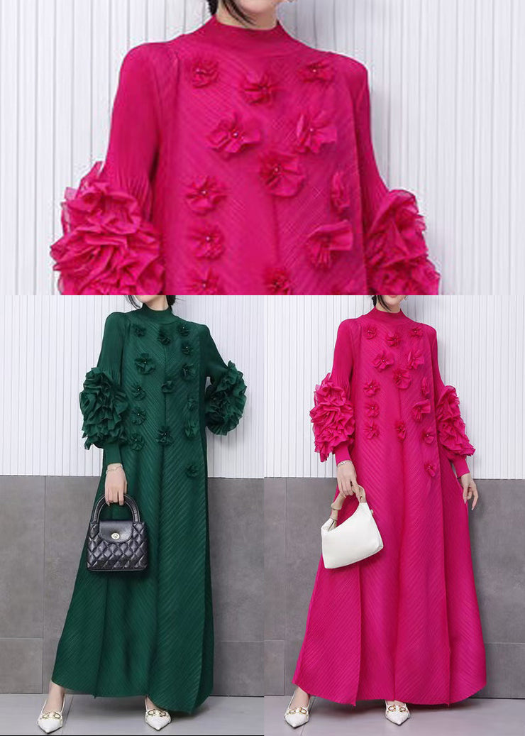 Beautiful Rose Floral Decorated Pleated Texture Maxi Dress Petal Sleeve