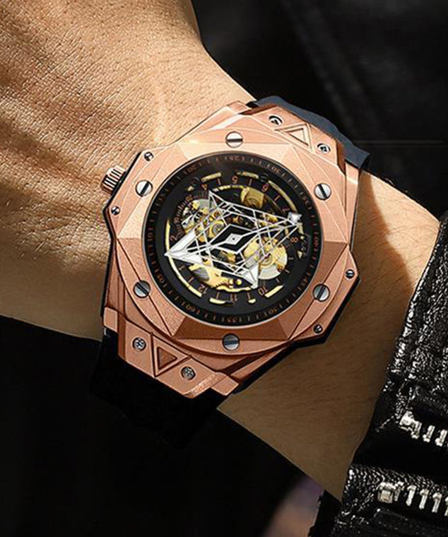 Beautiful Rose Gold Leather Fully Automatic Machinery Hollow Out Watches