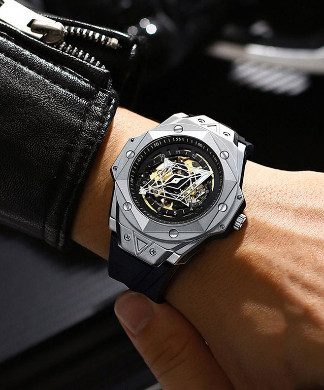 Beautiful Rose Gold Leather Fully Automatic Machinery Hollow Out Watches