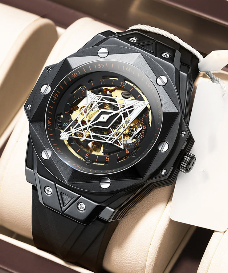 Beautiful Rose Gold Leather Fully Automatic Machinery Hollow Out Watches