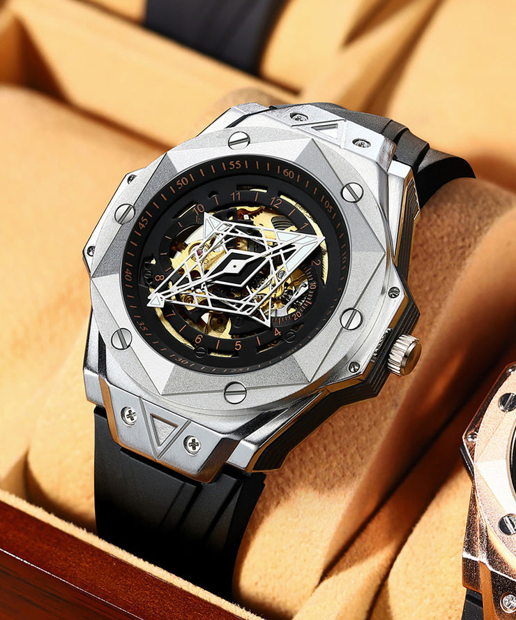 Beautiful Rose Gold Leather Fully Automatic Machinery Hollow Out Watches