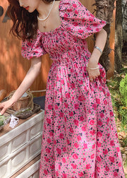 Beautiful Rose Puff Sleeve Print Cotton Holiday Dress