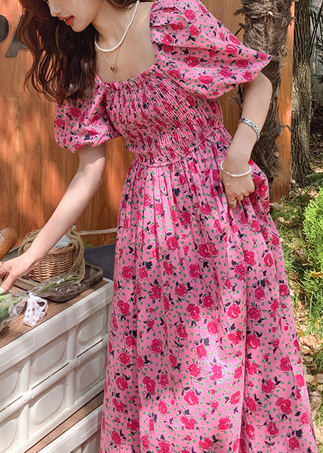 Beautiful Rose Puff Sleeve Print Cotton Holiday Dress