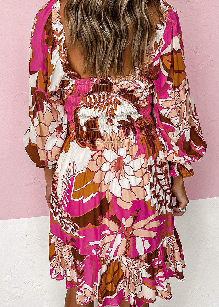 Beautiful Rose Square Collar Wrinkled Mid Dress Fall