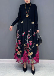 Beautiful Rose Turtleneck Embroideried Tulle Patchwork Dress Fall