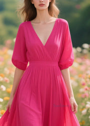 Beautiful Rose V Neck Patchwork Exra Large Hem Cotton Dresses Summer